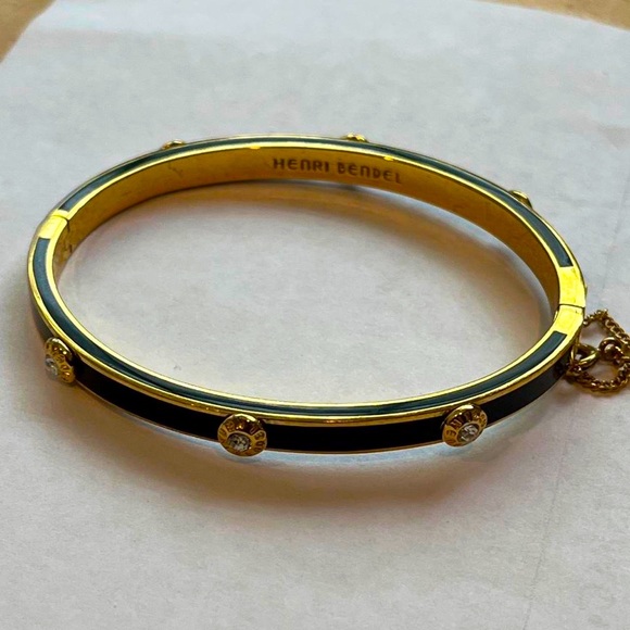 henri bendel Jewelry - Henri Bendel Black Enamel Glazed Bangel Bracelet Rhinestone Rivets with Clasp